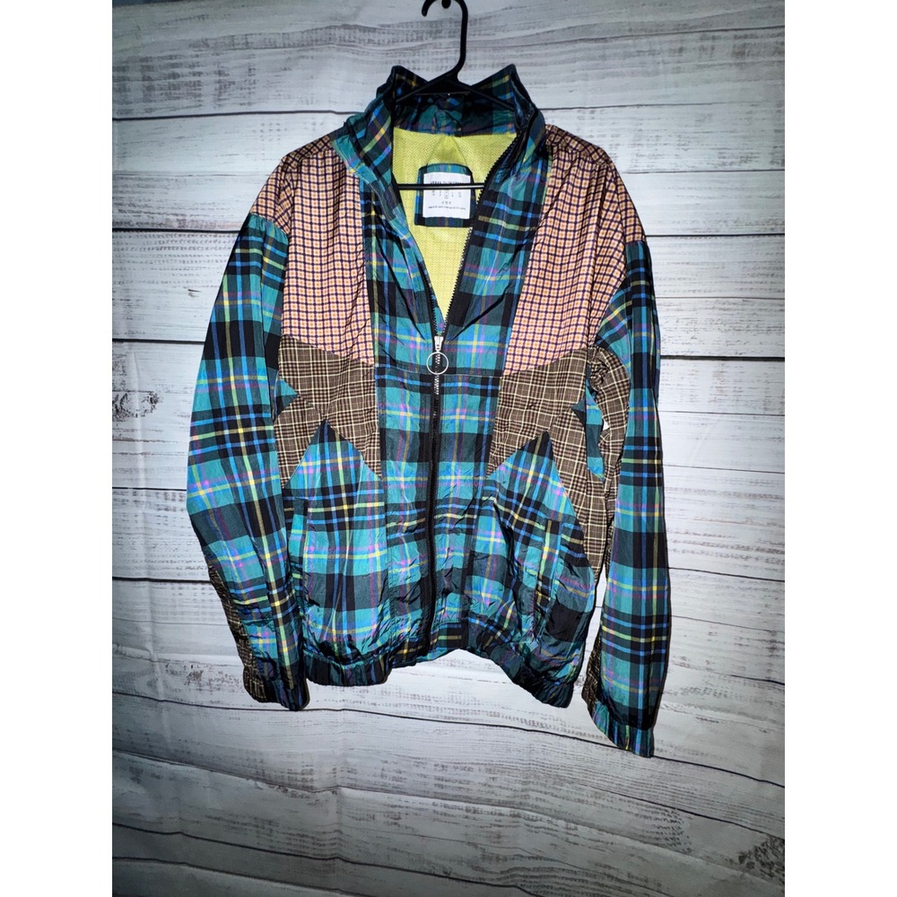 Urban Outfitters Plaid Patchwork Windbreaker Jacket Blue Green Mixed Print M